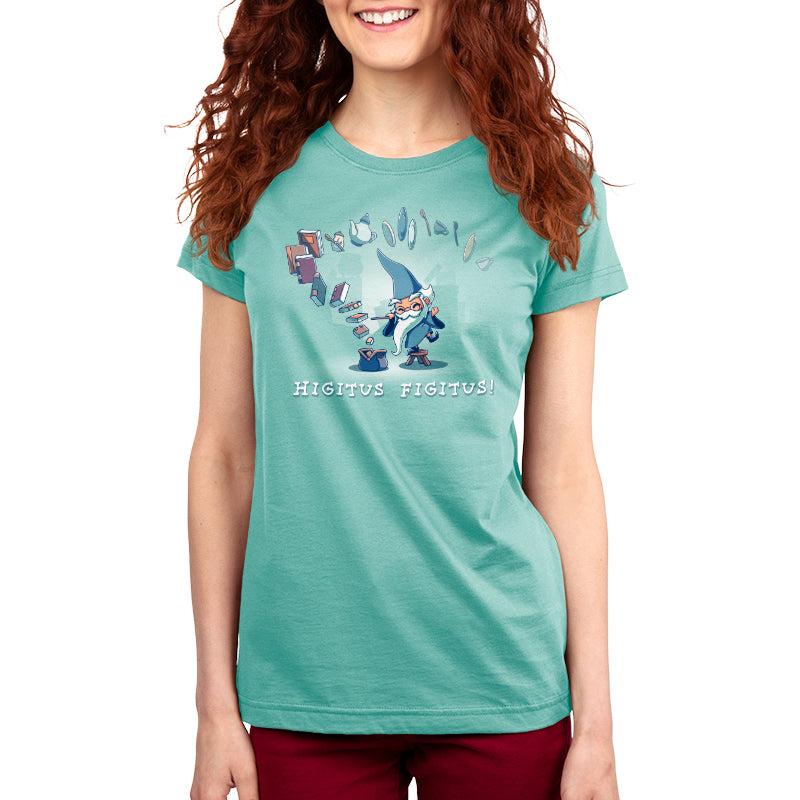 A woman wearing an officially licensed Higitus Figitus t-shirt that says sharks. (Disney)
