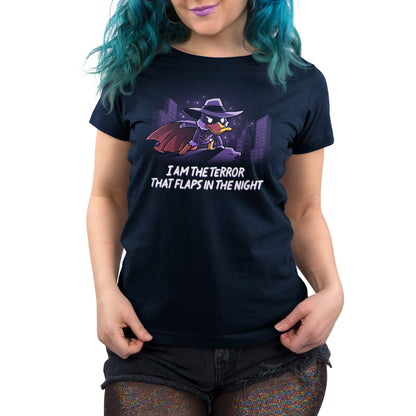 I am the freak that plays at night with a "I Am the Terror That Flaps In the Night" Darkwing Duck officially licensed women's t-shirt by Disney.