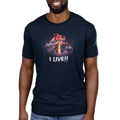 A man wearing an "I Live!!" Disney-themed T-shirt.