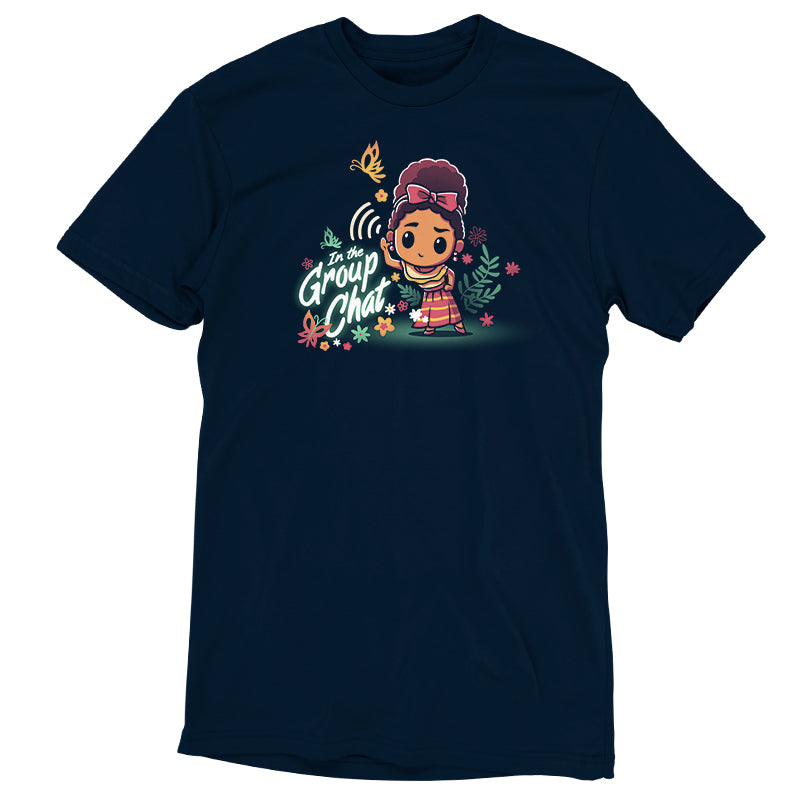 An officially licensed Disney navy t-shirt featuring an image of a girl in a hat, called "In the Group Chat".