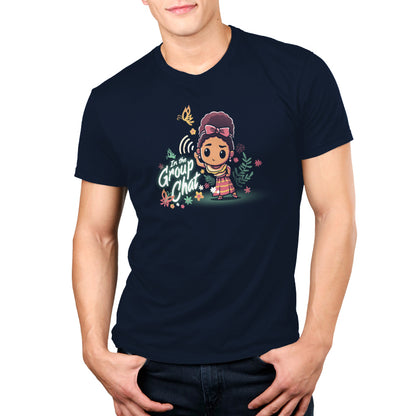 A man wearing a t-shirt featuring an officially licensed Disney's In the Group Chat cartoon character, Dolores.