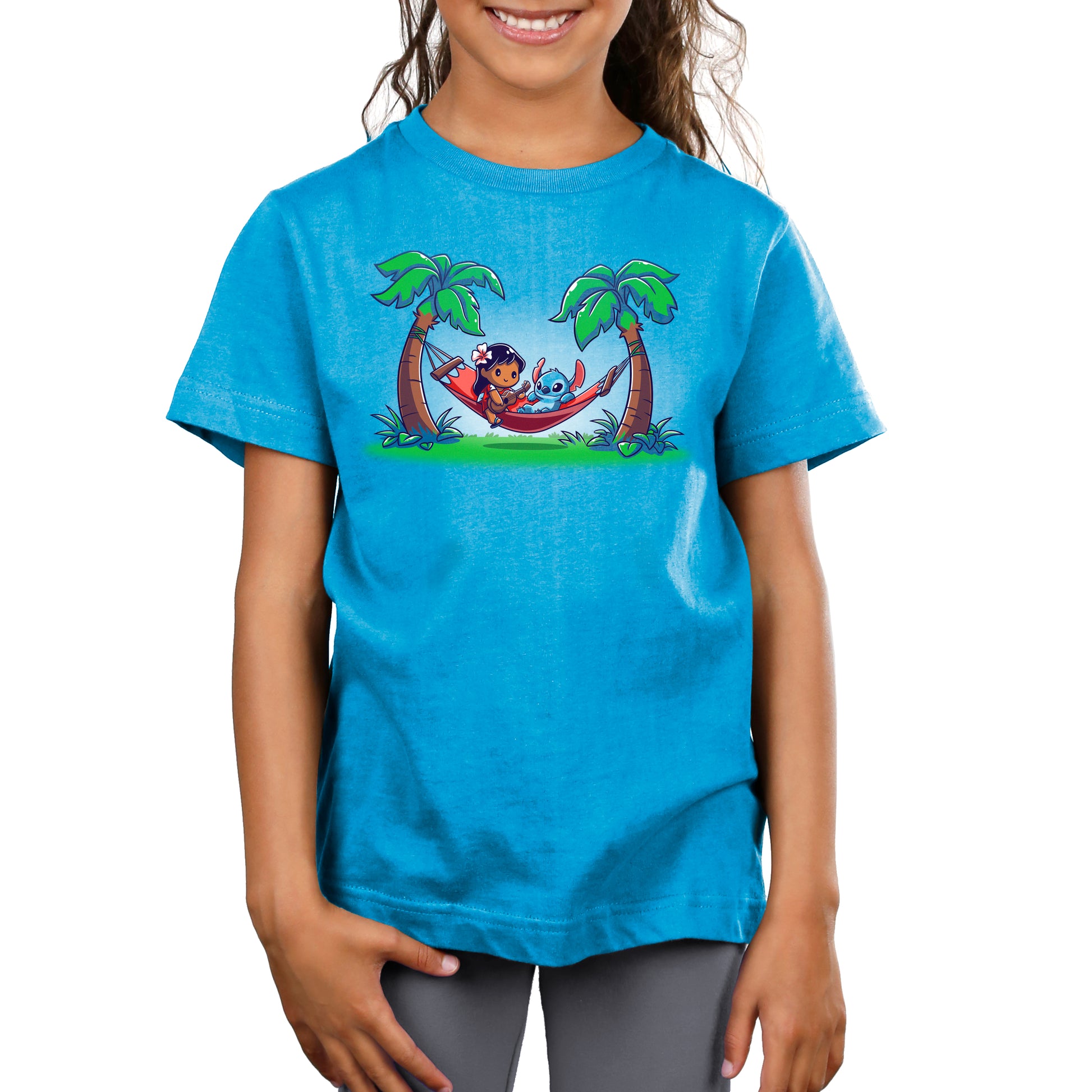 A girl wearing a Disney Lilo and Stitch T-shirt in super soft cotton.
