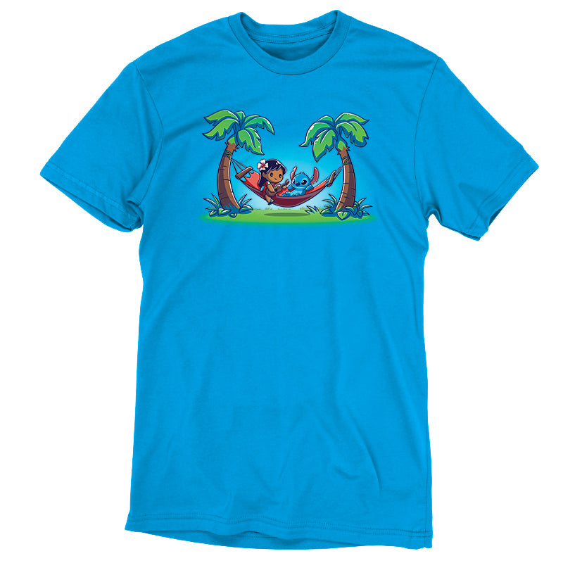 A Disney officially licensed Lilo and Stitch T-shirt featuring a man in a hammock.