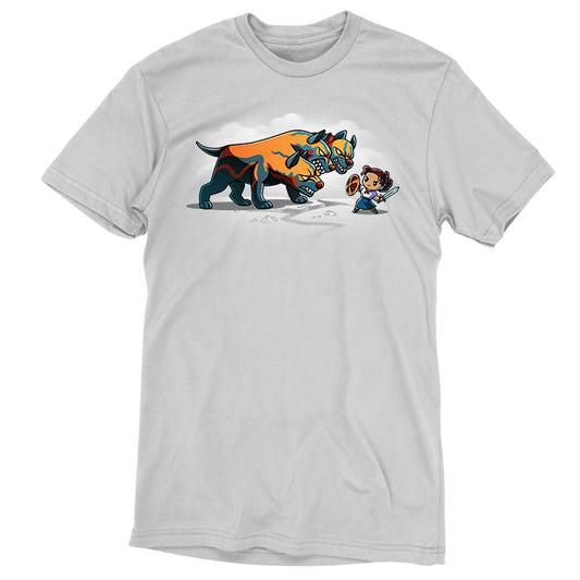 A gray t-shirt featuring an image of Luisa and Cerberus, officially licensed by Disney.