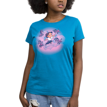 An officially licensed Luisa's Dream cobalt blue unisex tee with an image of a girl flying in the clouds, by Disney.