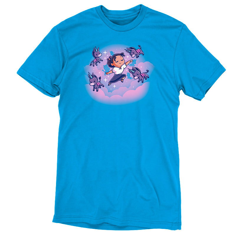 A super soft Luisa's Dream blue t-shirt with an image of a girl flying in the clouds from the Disney brand.