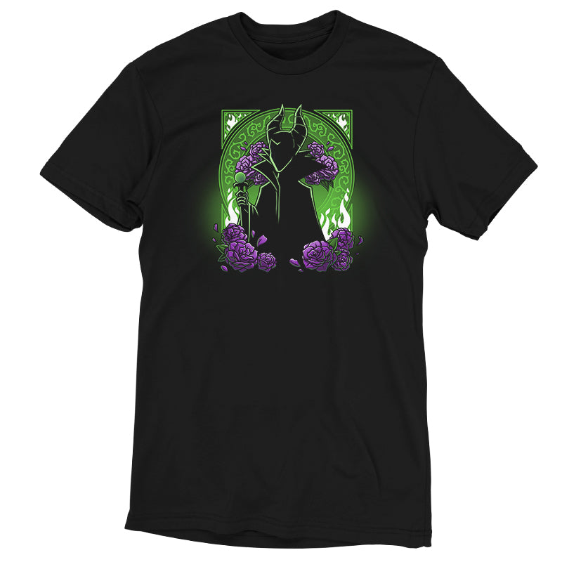 Officially licensed Disney Maleficent Portrait black t-shirt with a silhouette of a woman and purple flowers.