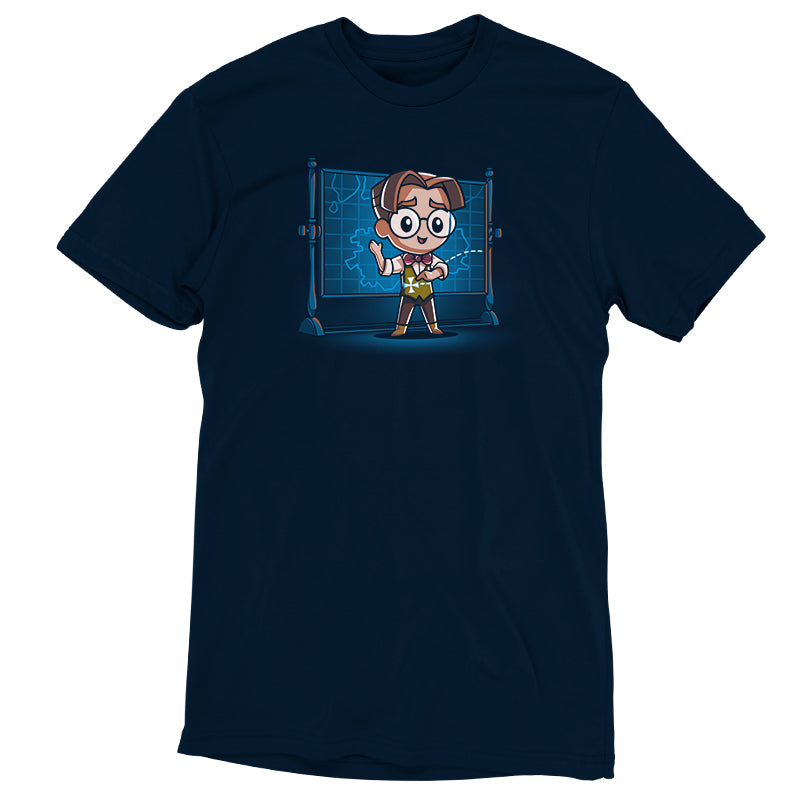 An officially licensed cartoon image of a man with glasses from Disney's Milo's Mission Plan printed on a T-shirt.