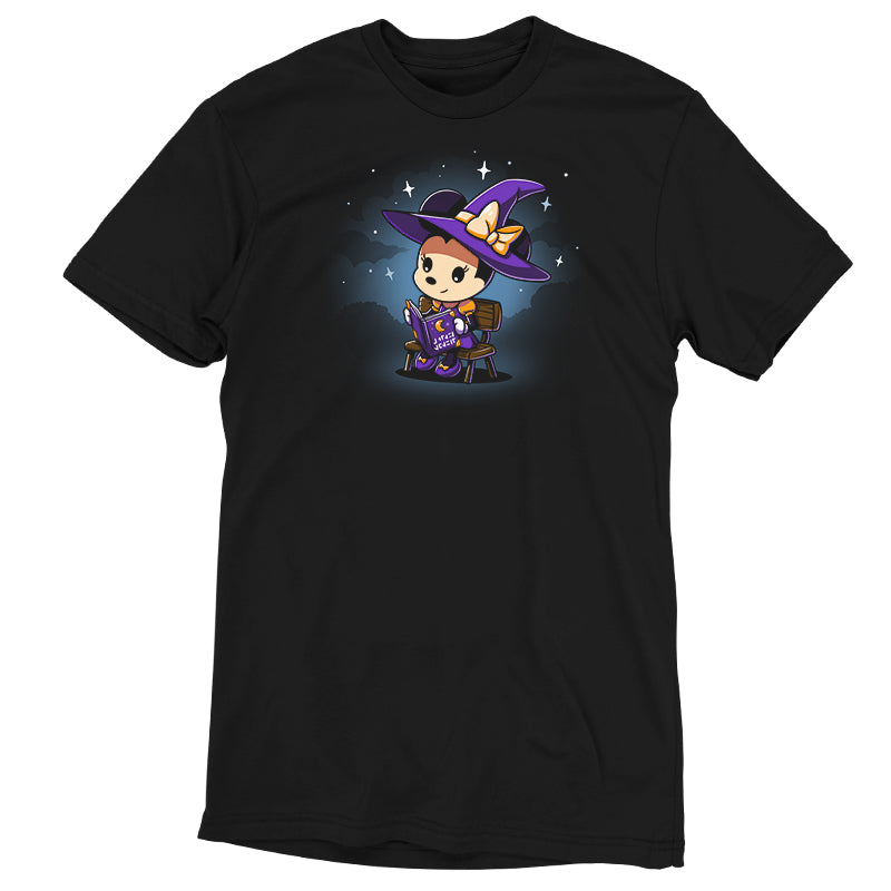 A Disney Minnie's Spellbook T-shirt made of Super Soft Ringspun Cotton with an image of a witch wearing a hat.