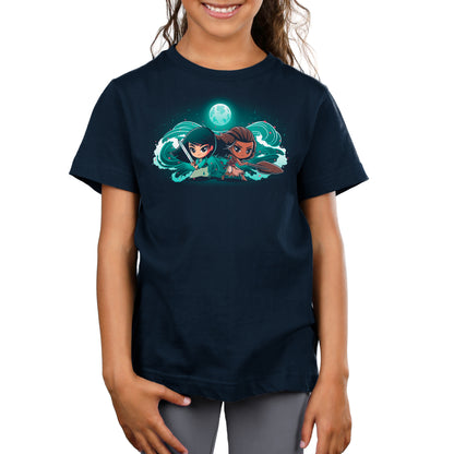 A officially licensed Disney T-shirt featuring Mulan and Moana wearing navy t-shirts.
