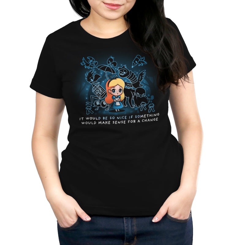 An officially licensed Disney Nonsensical Wonderland women's t-shirt featuring an image of a girl in a forest.