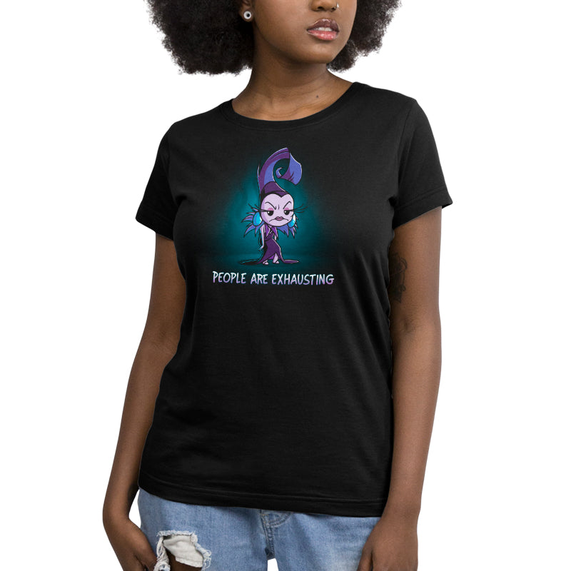 A woman wearing an officially licensed People are Exhausting t-shirt from Disney.