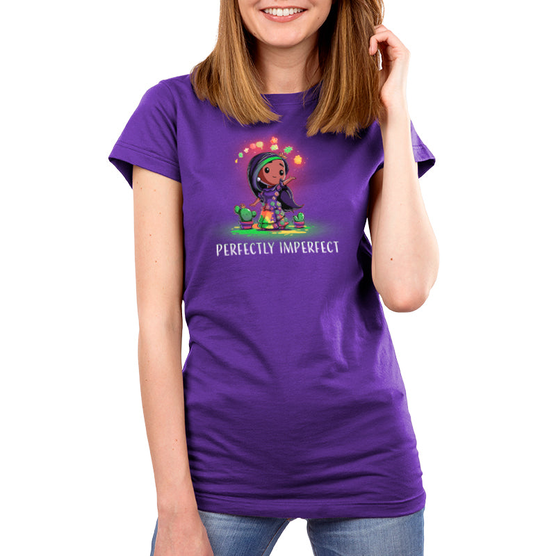 A woman wearing a licensed Perfectly Imperfect from Disney T-shirt made of Super Soft Ringspun Cotton.