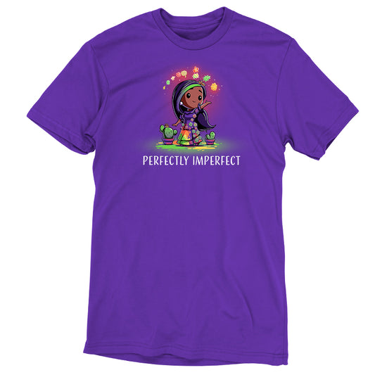 A purple t-shirt with a girl wearing the Perfectly Imperfect t-shirt, imperfectly, by Disney.