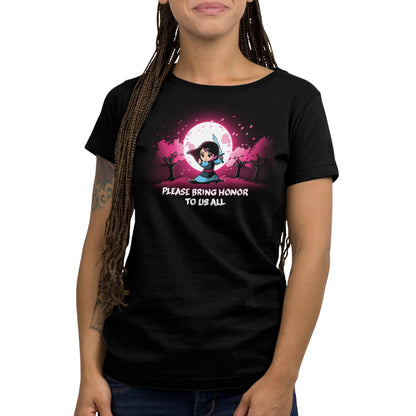 A woman wearing an officially licensed Disney Mulan T-shirt called "Please Bring Honor To Us All".