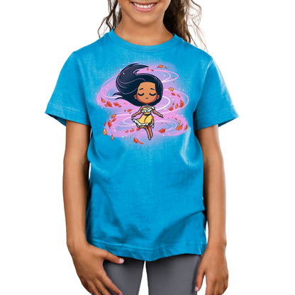 An officially licensed Pocahontas In the Wind blue T-shirt featuring an image of a girl with long hair. (Brand: Disney)