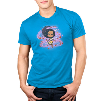 A man wearing an officially licensed Disney Pocahontas In the Wind T-shirt.