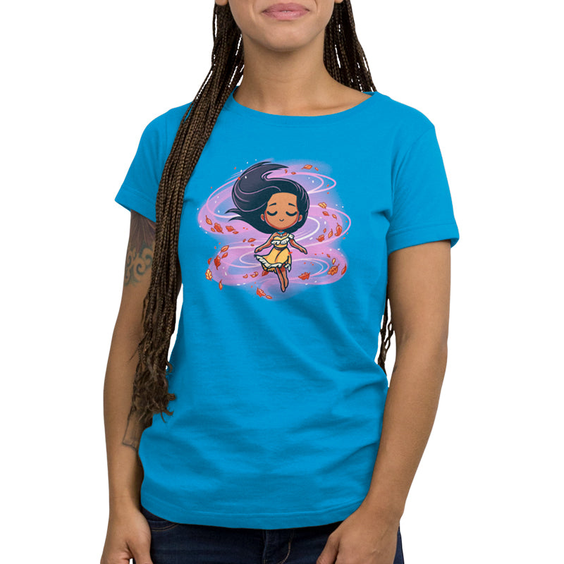 A officially licensed Disney's Pocahontas In the Wind women's T-shirt featuring an image of a girl in a blue shirt.
