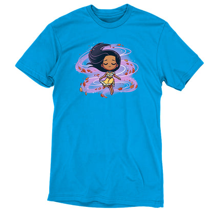 Officially licensed Disney Pocahontas In the Wind T-shirt featuring a girl with long hair.