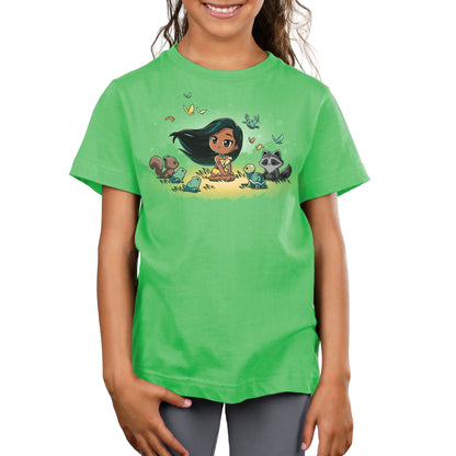 A officially licensed Disney girl's green Pocahontas and Her Forest Friends t-shirt featuring an image of a girl and animals.