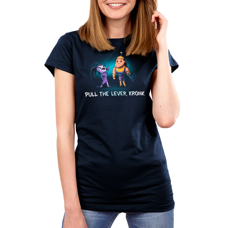 A woman wearing a Pull the Lever Kronk Disney t-shirt.