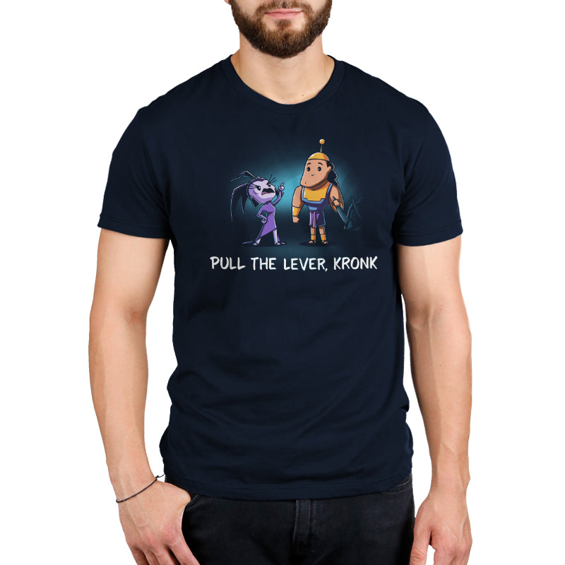 A Disney officially licensed men's t-shirt featuring Yzma and Pull the Lever Kronk saying "talk the elves talk".