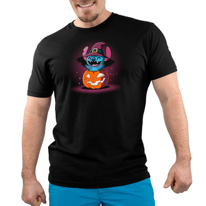 A man wearing an Officially Licensed Disney Pumpkin Stitch T-shirt.
