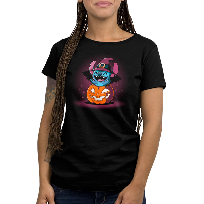 A Disney licensed Pumpkin Stitch t-shirt featuring an image of the character and a pumpkin, made with ringspun cotton.