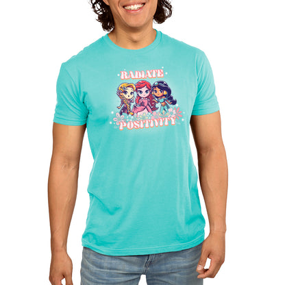 A man wearing an officially licensed Disney turquoise t-shirt featuring Ariel and Rapunzel called Radiate Positivity.