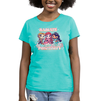 A women's teal t-shirt with Radiate Positivity and Disney.