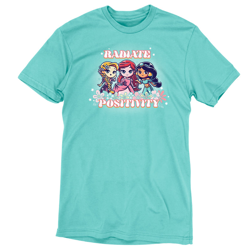 A teal t-shirt featuring Ariel and Rapunzel with the words brave potential and officially licensed Disney products.