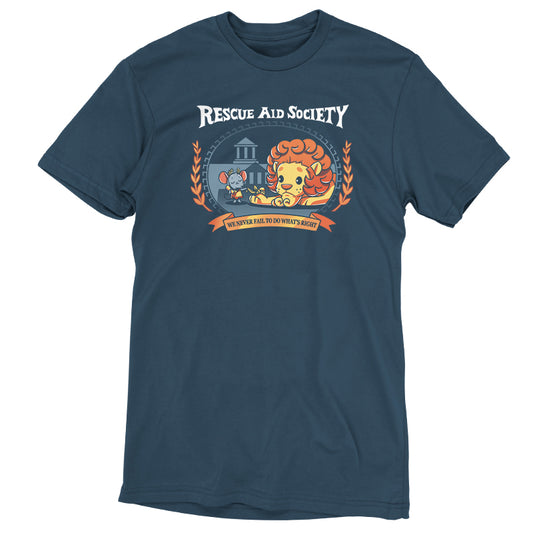 A officially licensed Rescue Aid Society blue t-shirt with a lion on it from Disney.