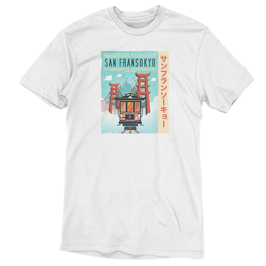 A white t-shirt with an image of San Fransokyo featuring Disney's Big Hero 6's Hiro and Baymax.