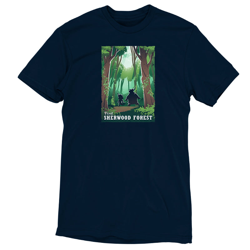 An officially licensed Disney navy t-shirt featuring a bear in the Sherwood Forest Travel Poster.
