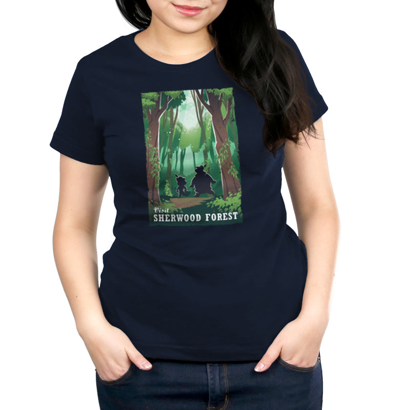 Officially licensed Disney women's t-shirt featuring an image of a bear in the Sherwood Forest Travel Poster.