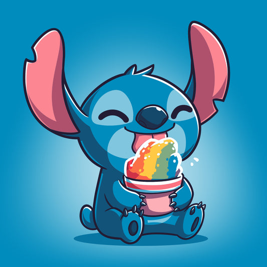 Officially licensed Snow Cone (Stitch) T-shirt featuring Lilo and Stitch enjoying an ice cream cone in a cobalt blue background, by Disney.