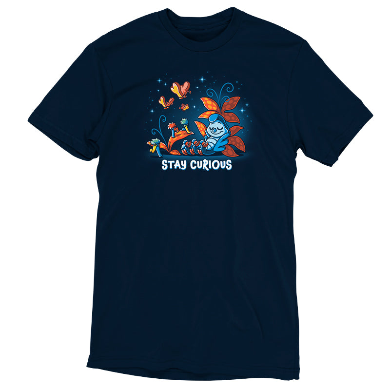 An officially licensed Disney navy t-shirt with an image of a bird and a flower called Stay Curious.