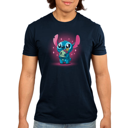 Disney's Stitch and Scrump t-shirt featuring Scrump on a navy blue background.