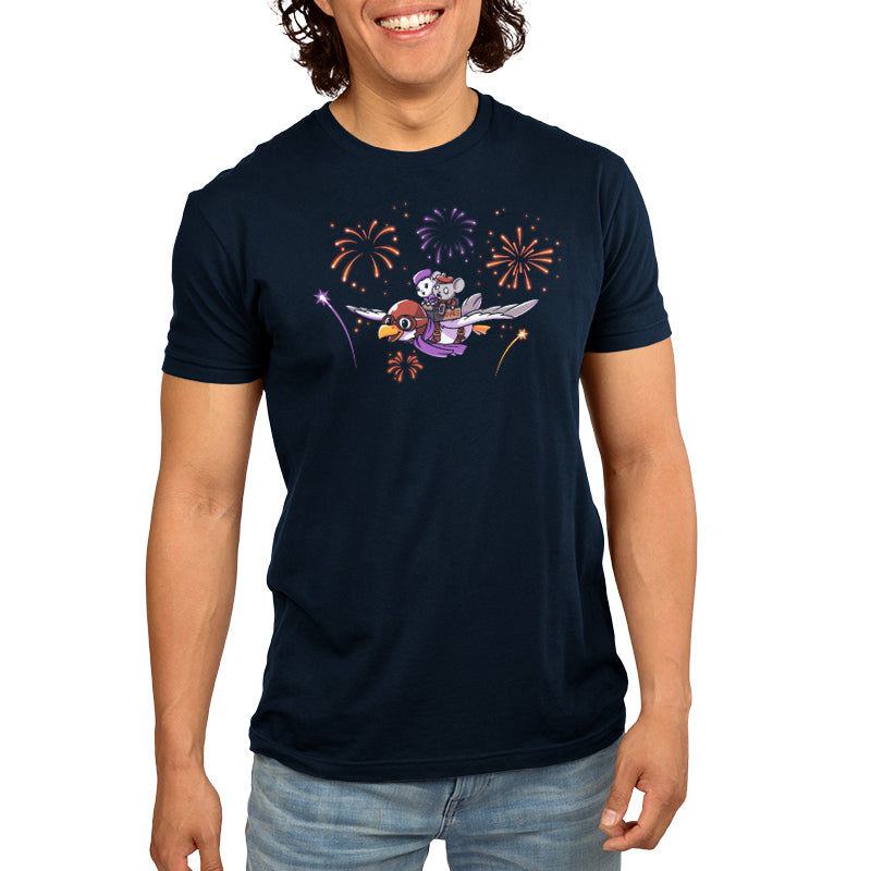 A man wearing an officially licensed Albatross Air Service T-shirt with fireworks on it. (brand name: Disney)
