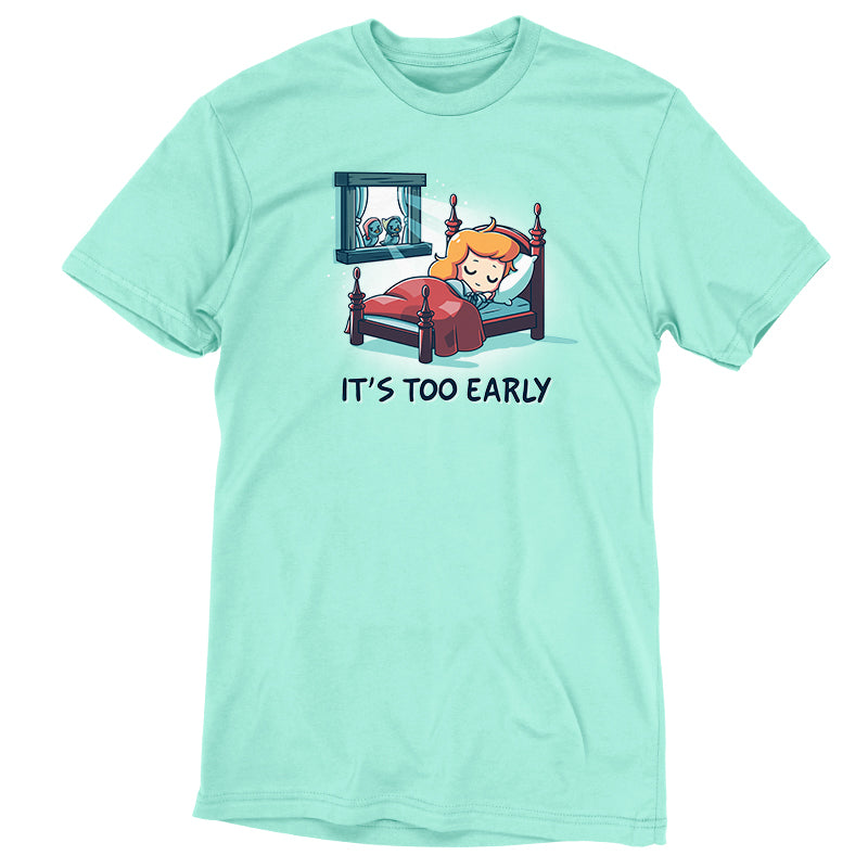 A soft ringspun cotton t-shirt featuring a Cinderella design that says "Too Early" by Disney.