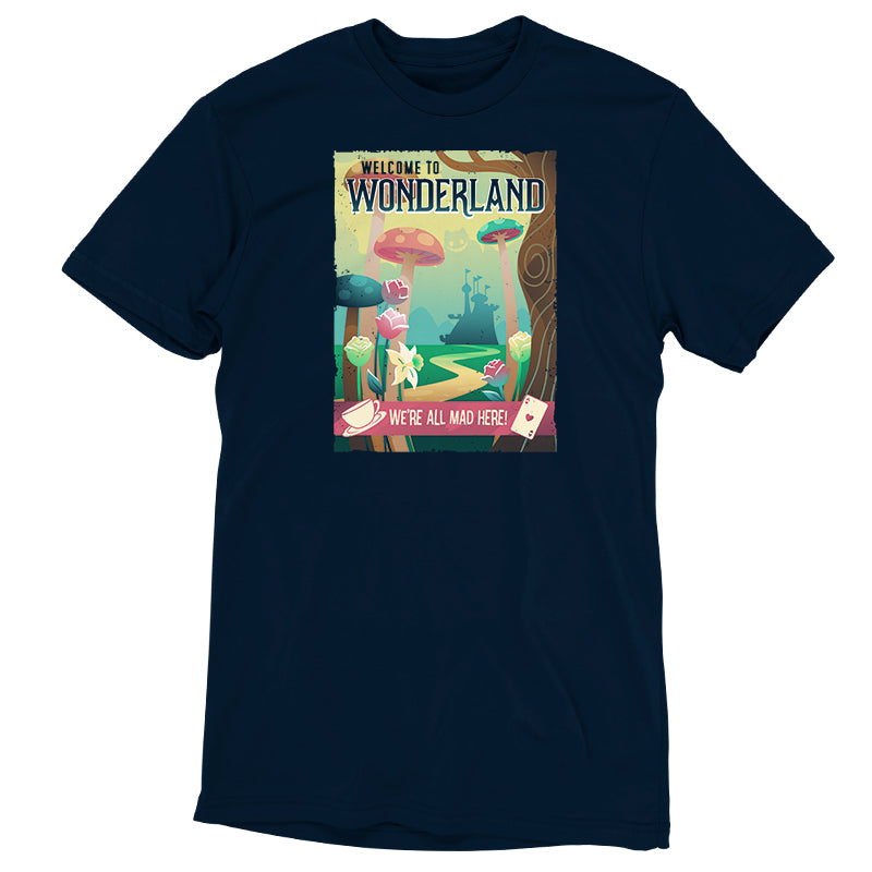 A Disney-themed T-shirt with the word "Wonderland Travel Poster" on it.