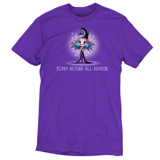 A purple Disney Scary Beyond All Reason T-shirt with an image of a cat in a purple dress (officially licensed).