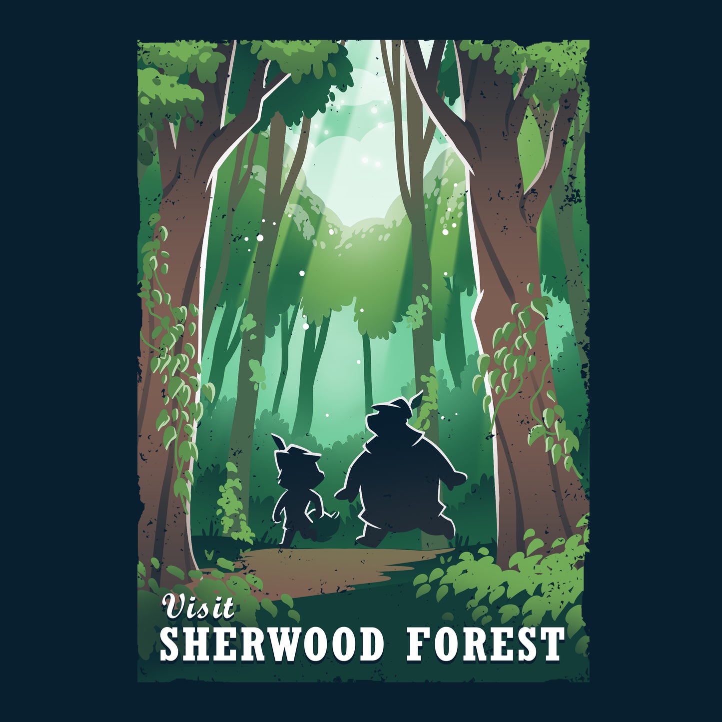 An officially licensed Sherwood Forest Travel Poster inspired by Robin Hood from Disney.