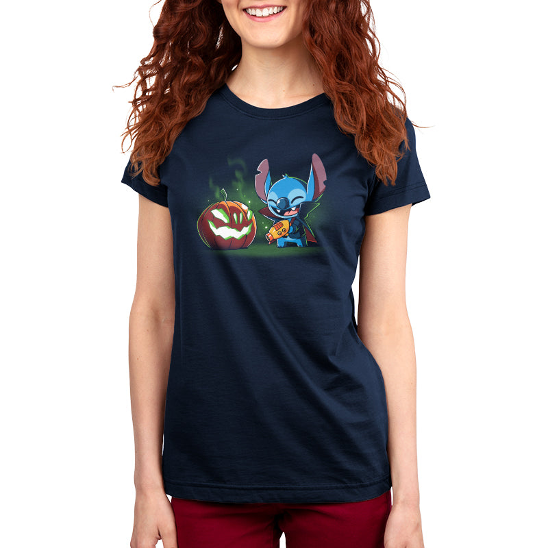 A super soft Disney women's t-shirt featuring Stitch's Pumpkin Carving.