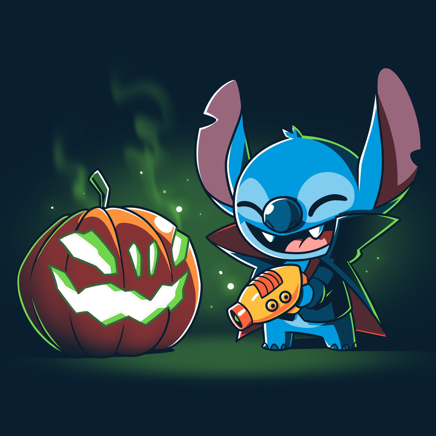 A Disney Stitch's Pumpkin Carving cartoon character with a pumpkin T-shirt.