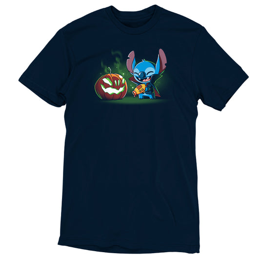 An officially licensed Disney t-shirt featuring Stitch's Pumpkin Carving.