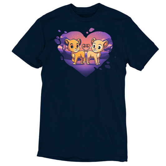 Two Simba and Nala lion cubs in a heart-shaped T-shirt featuring the Lion King by Disney.