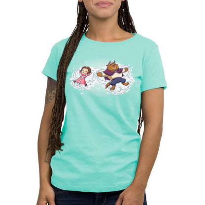 An officially licensed Disney Snow Angels (Belle and Beast) women's t-shirt with an image of a girl and a dog.