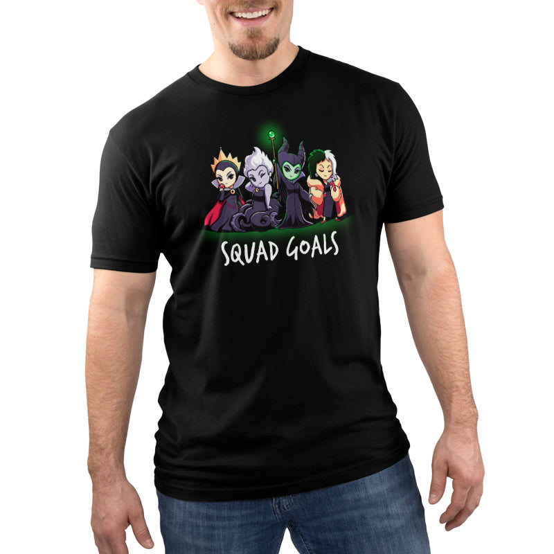 A officially licensed Disney black t-shirt with the words Disney Villain Squad Goals.