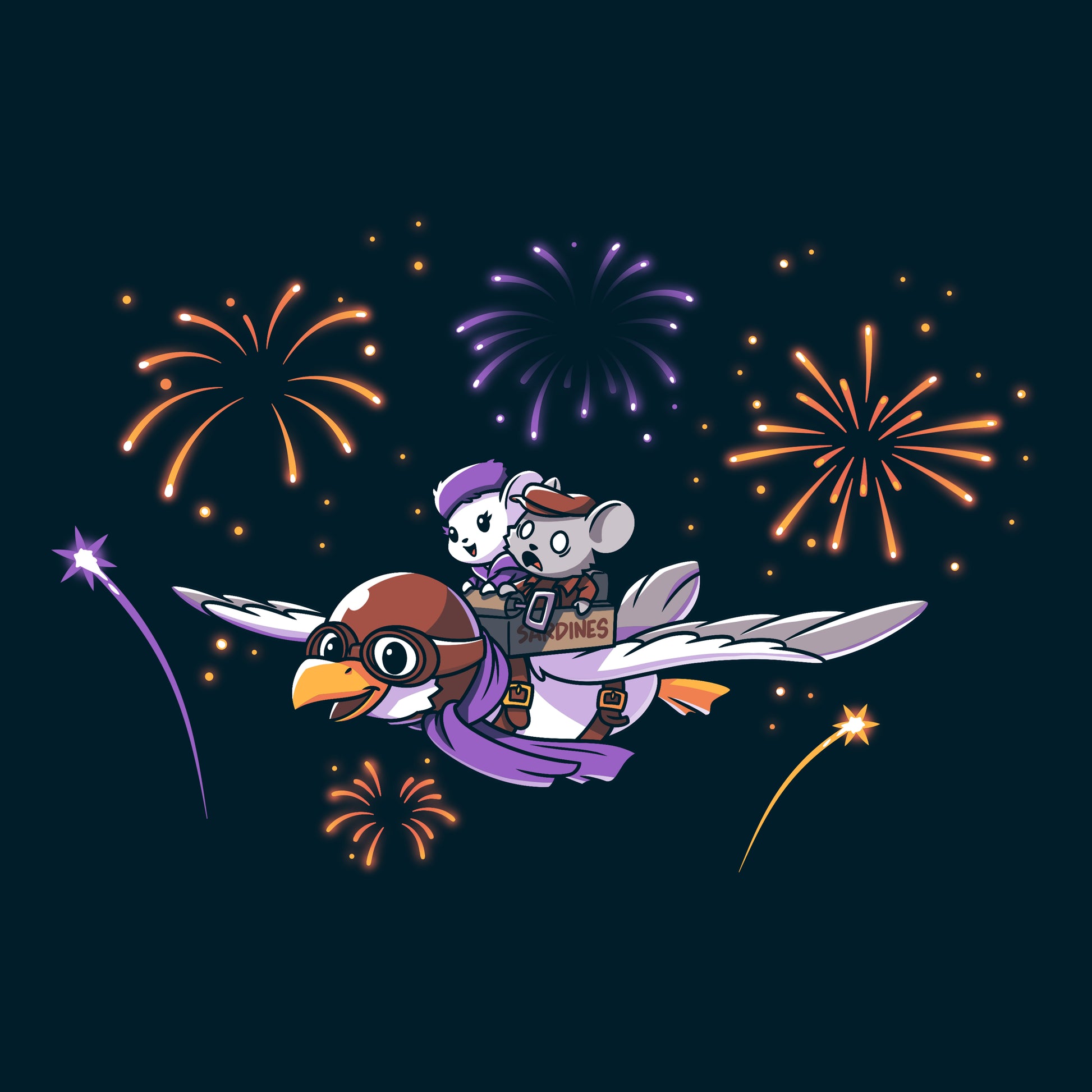 A cat and a mouse flying in a Disney Albatross Air Service plane with fireworks.